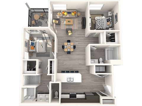 A 3D floor plan of a small apartment with a kitchen, living room, and bedroom.